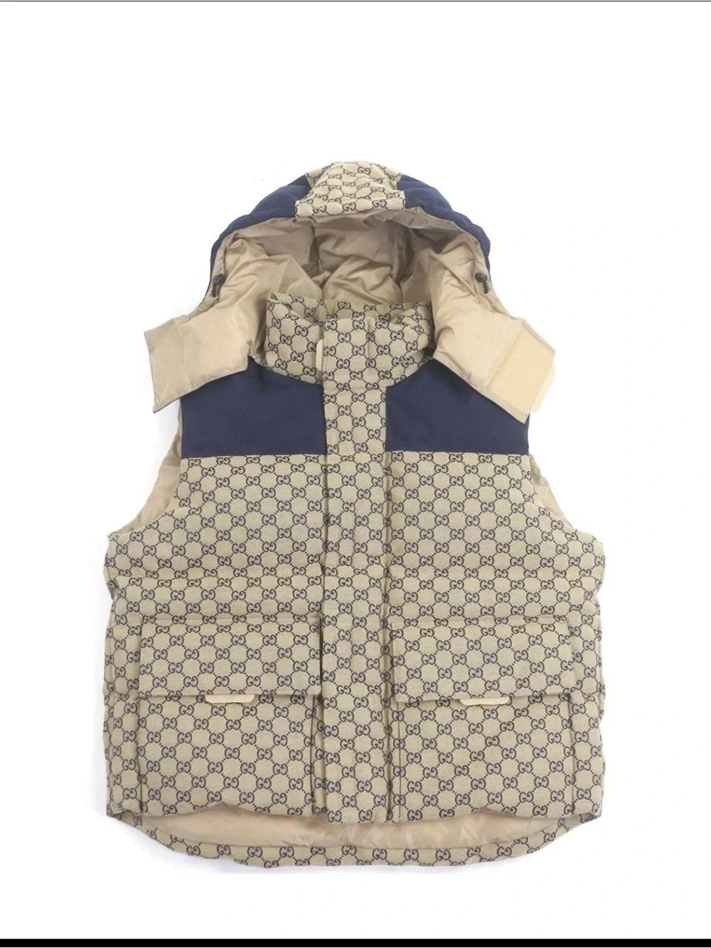 Gucci Navy and Beige GG Monogram Puffer Hooded Jacket
